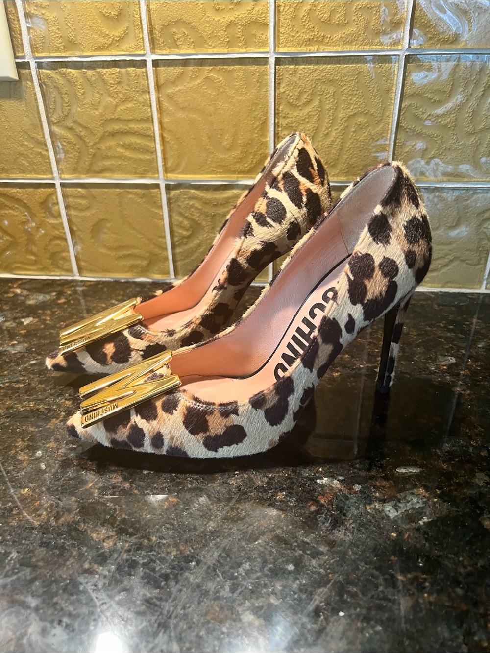 Moschino Leopard-Print Pointed Toe Pumps with Gold Hardware